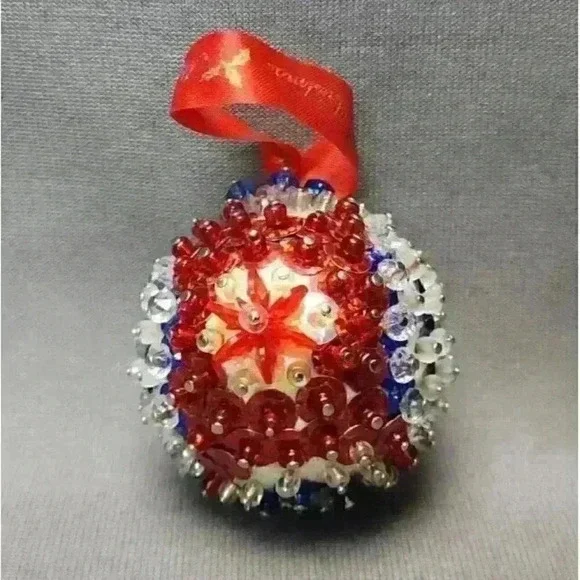Patriotic America Push Pin Christmas Ornament 2.5" Beaded Red White Blue Sequins - Picture 4 of 6